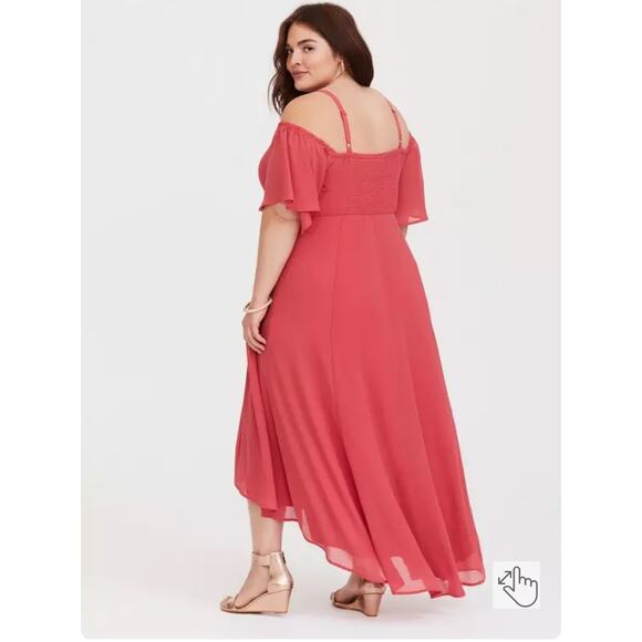 Torrid Cold Shoulder Chiffon Maxi Dress Size 6X Asymmetrical Hem Fairy Boho Pink - Picture 3 of 11